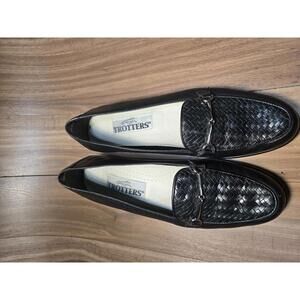 TROTTERS Haley Black Woven Leather Women's Loafers with Horsebit Hardware